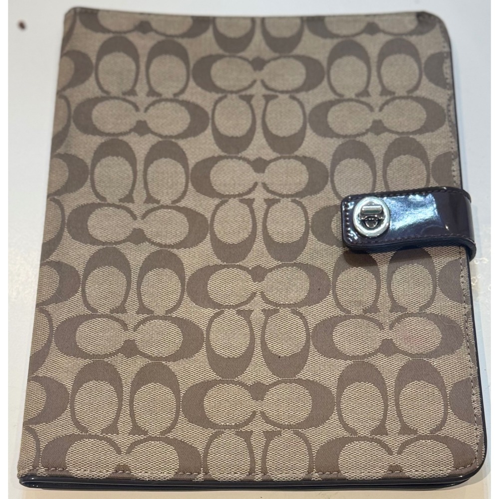Coach Signature iPad Case Khaki Mahogany Jacquard Folio Turnlock Cover
